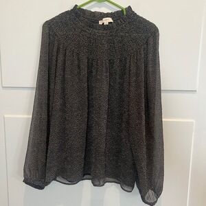 LOFT‎ Womens Med Blouse Long Sleeve Smocked Mock Neck Sheer Black Beige Print